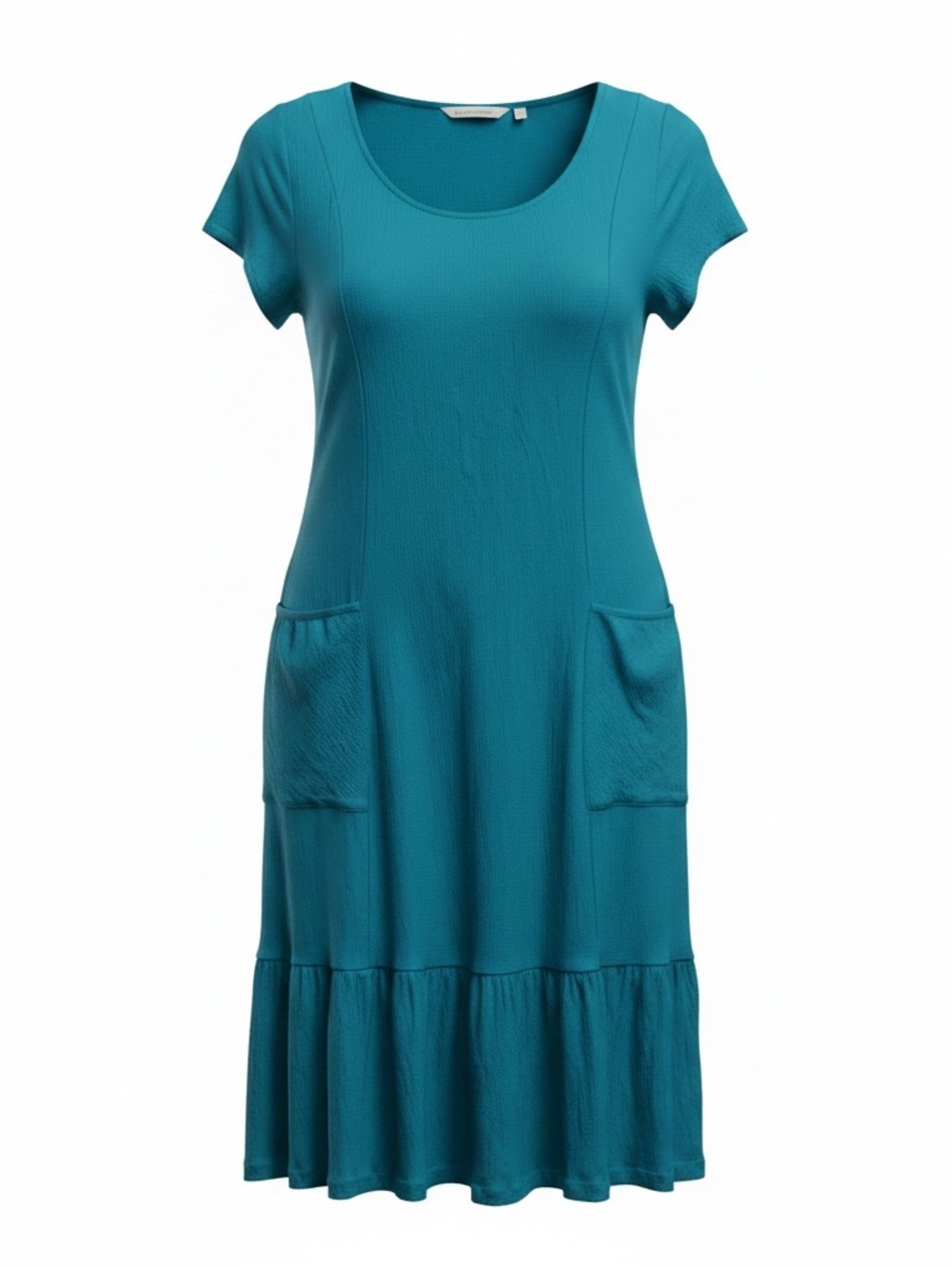 Soft Surroundings Teal CapSleeve Crinkle Knit Front Pocket Ruffle Hem Midi Dress